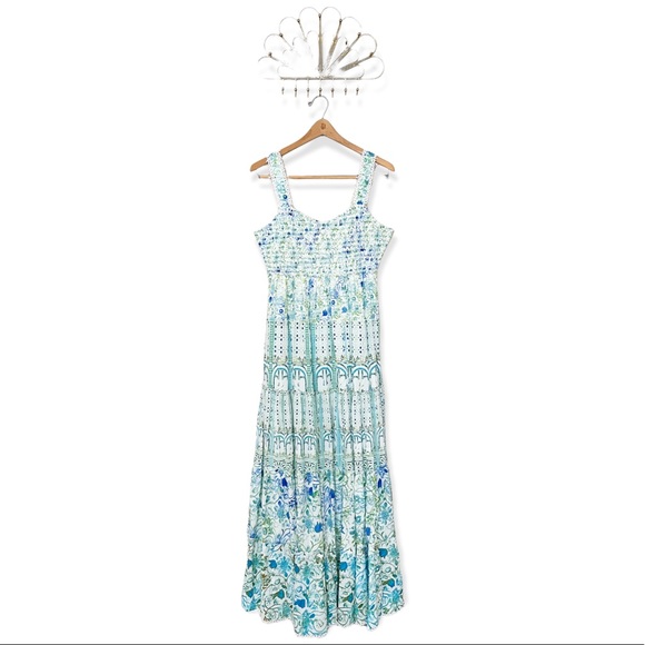 Rococo Sand Blue Green Multicolor Floral Sleeveless Tiered Maxi Dress - Picture 1 of 5